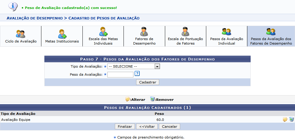 Figura 25: Pesos de Avaliação Cadastrados