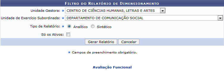 Figura 1: Filtro do Relatório de Dimensionamento