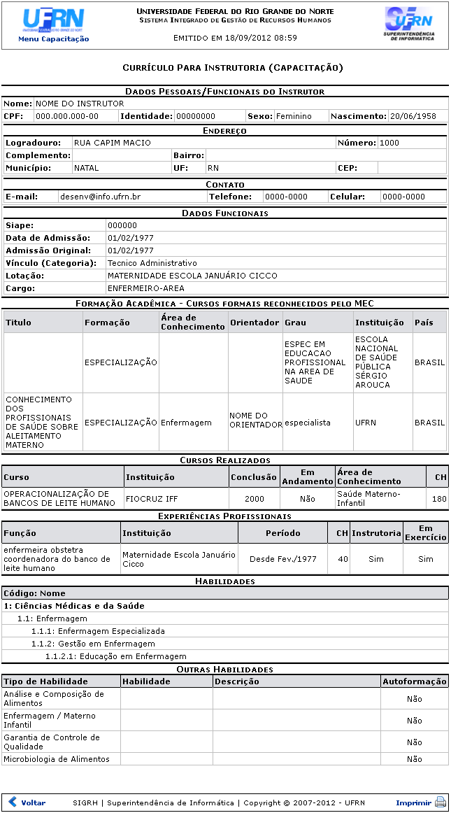 Figura 3: Relatório - Currículo Para Instrutoria (Capacitação)
