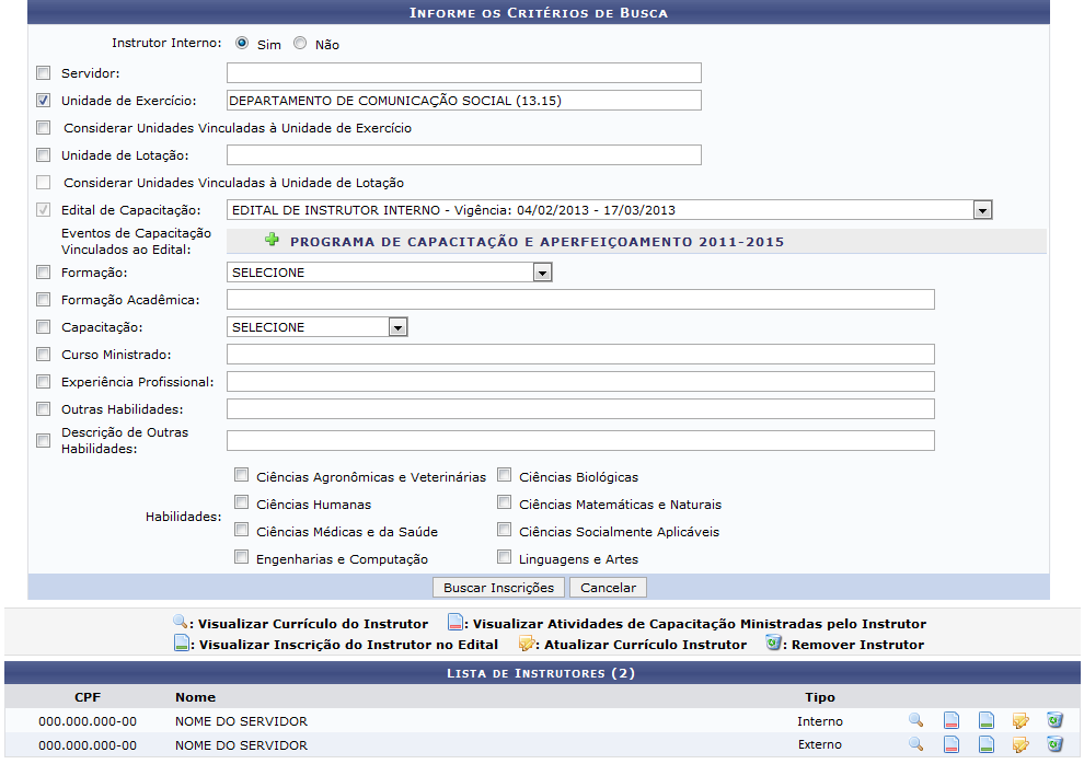 Figura 2: Informe os Critérios de Busca; Lista de Instrutores