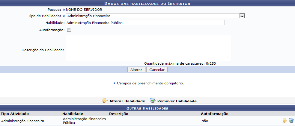 Figura 3: Dados das habilidades do Instrutor/Outras Habilidades 