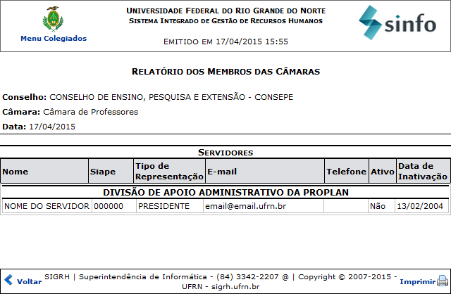 Figura 2: Relatório dos Membros das Câmaras