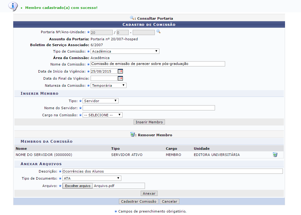 Figura 5: Mensagem de Sucesso do Membro Adicionado; Cadastro de Comissão; Membros da Comissão