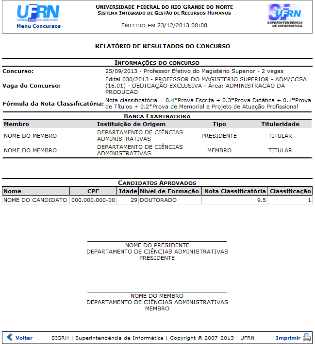 Figura 2: Relatório de Resultados do Concurso