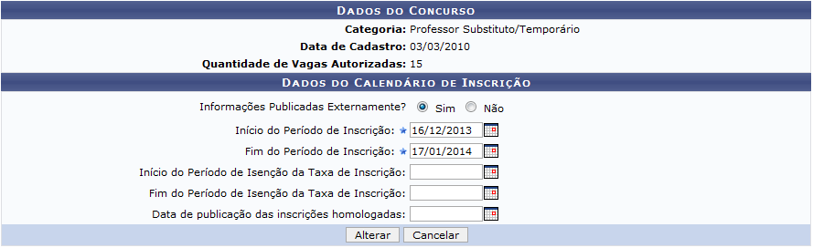 Figura 5: Alterar Dados do Calendário de Inscrição