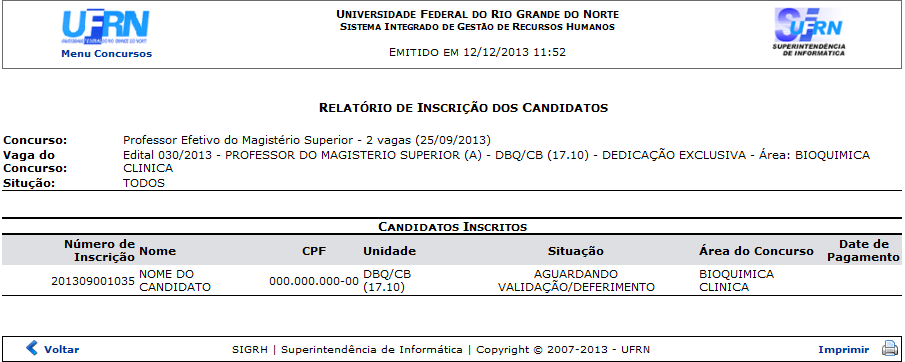 Figura 7: Relatório de Inscrição dos Candidatos