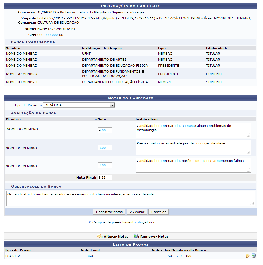 Figura 3: Informações do Candidato/Notas do Candidato