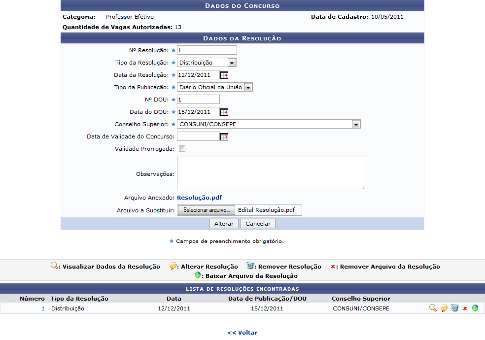 Figura 18: Dados do Concurso; Dados da Resolução