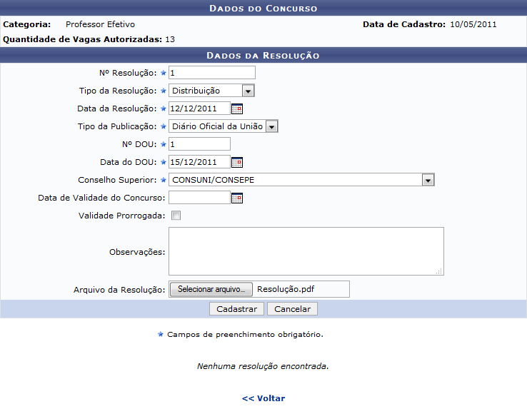 Figura 15: Dados do Concurso; Dados da Resolução