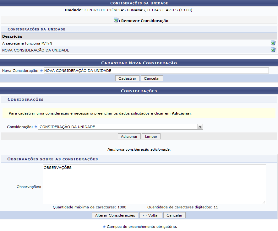 Figura 4: Considerações da Unidade; Cadastrar Nova Consideração