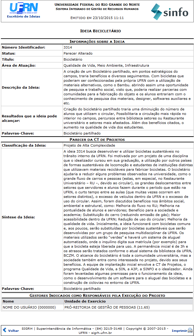 Figura 3: Informações sobre a Ideia