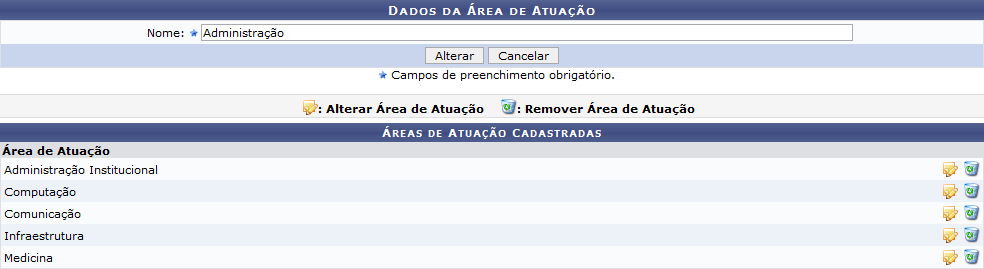 Figura 3: Alterar Dados da Área de Atuação