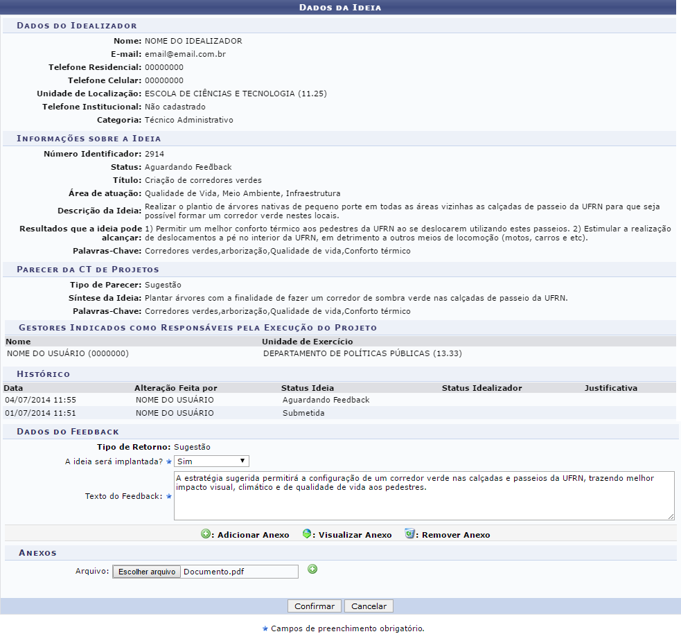 Figura 4: Dados da Ideia; Dados do Feedback