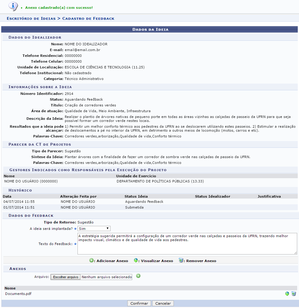 Figura 5: Mensagem de Sucesso da Inserção do Arquivo; Dados da Ideia; Dados do Feedback