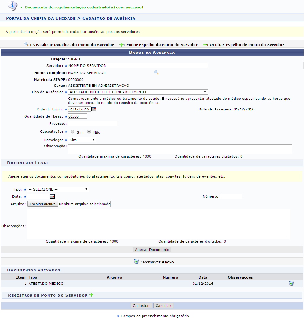 Figura 13: Mensagem de Sucesso da Inserção do Documento; Dados da Ausência; Documentos Anexados