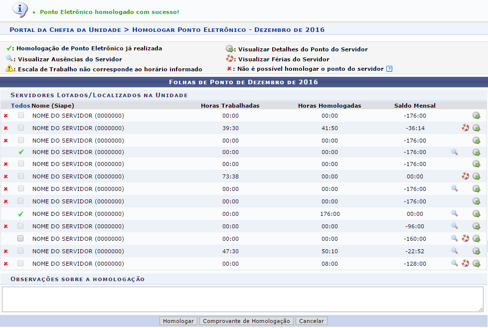 Figura 17: Mensagem de Sucesso da Homologação do Ponto Eletrônico; Folhas de Ponto de Dezembro de 2016