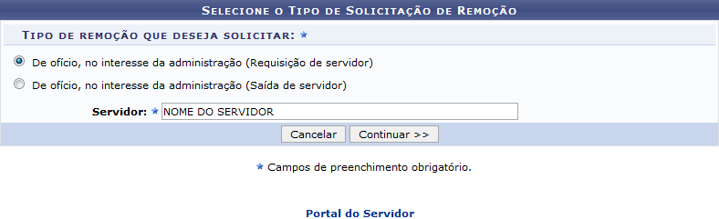 Figura 1: Selecione o Tipo de Solicitação de Remoção