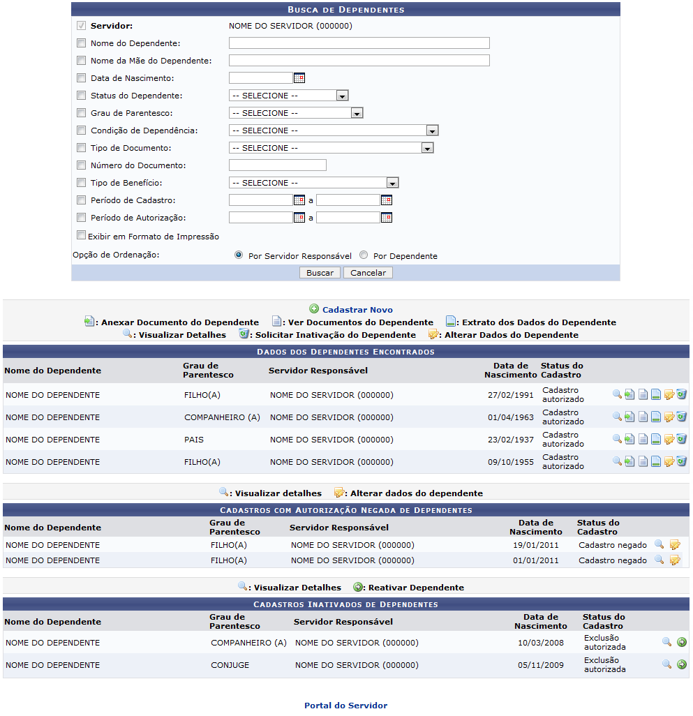 Figura 1: Busca de Dependentes; Dados dos Dependentes Encontrados