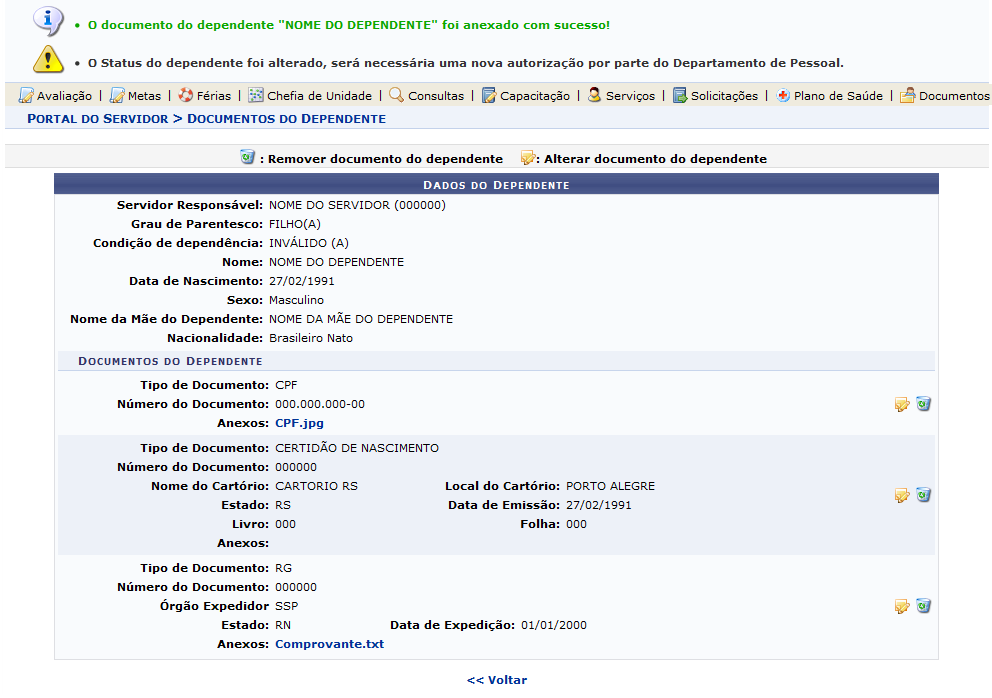 Figura 18: Mensagem de Sucesso; Dados do Dependente
