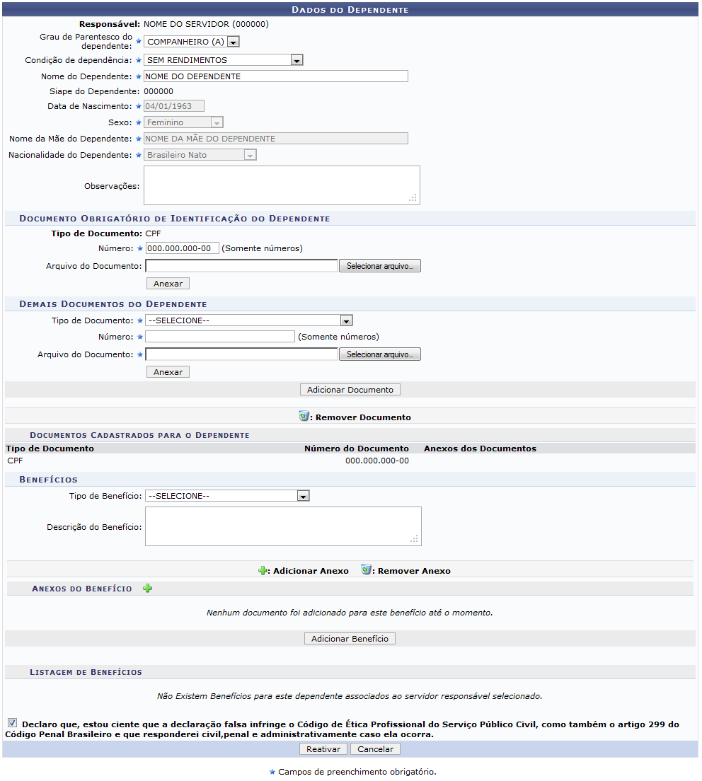 Figura 29: Dados do Dependente - Reativar