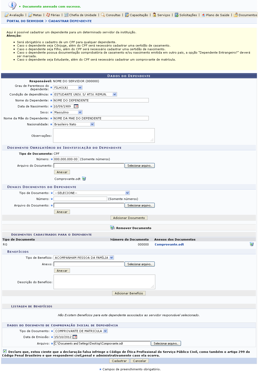 Figura 6: Mensagem de Sucesso; Dados do Dependente