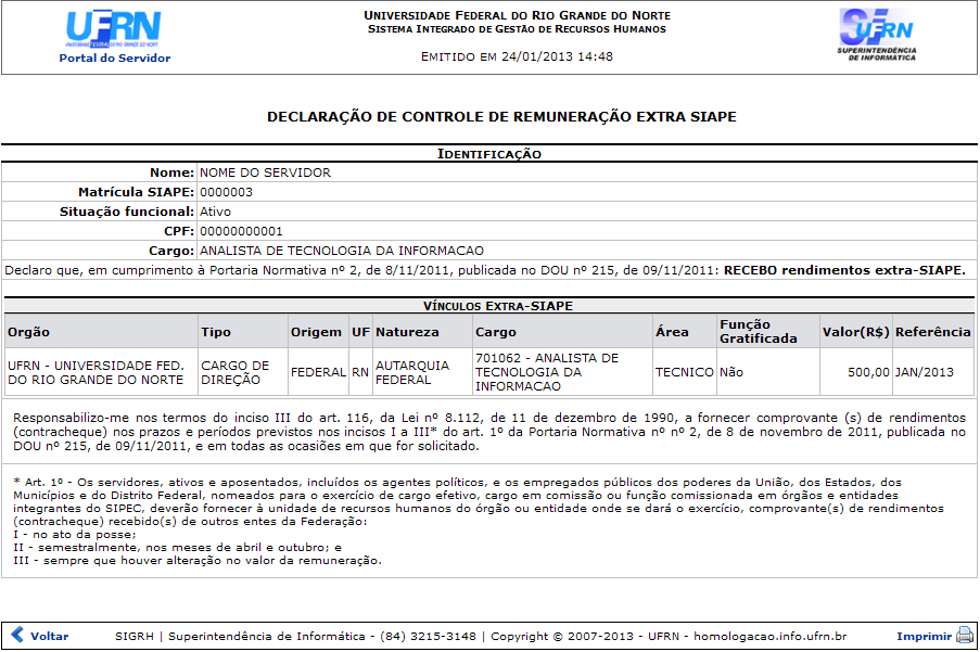 Figura 7: Declaração de Controle de Remuneração Extra Siape