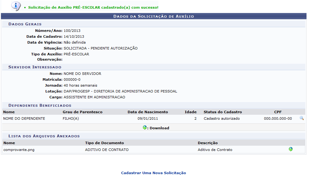  Figura 8: Solicitação de Auxílio PRÉ-ESCOLAR cadastrado(a) com sucesso!