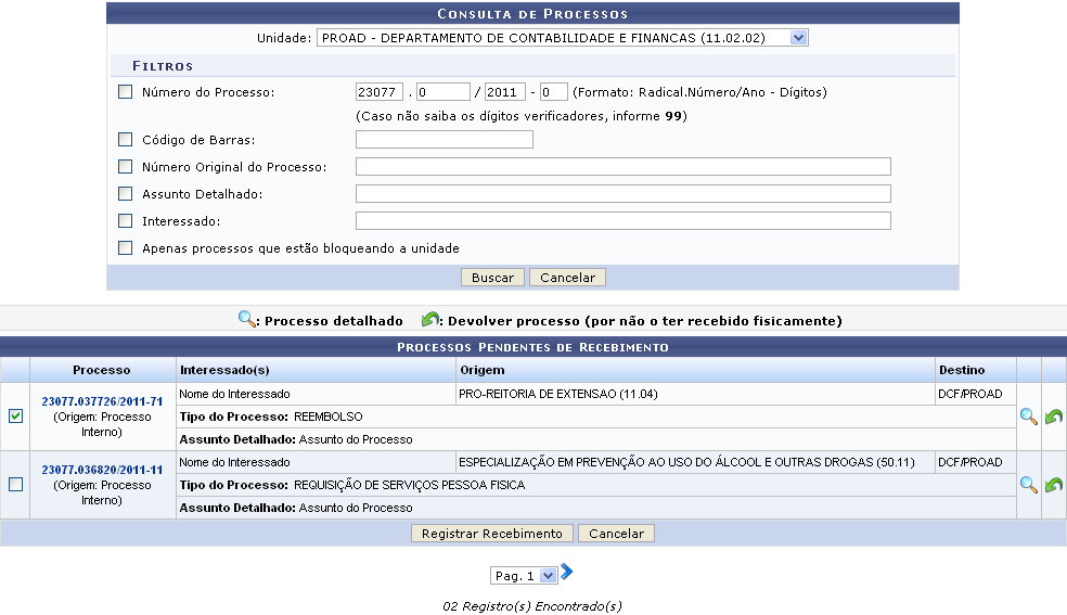 Figura 1: Consulta de Processos; Processos Pendentes de Recebimento