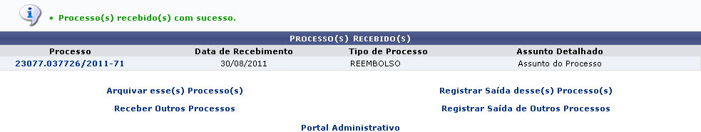 Figura 6: Mensagem de Sucesso; Processo(s) Recebido(s)