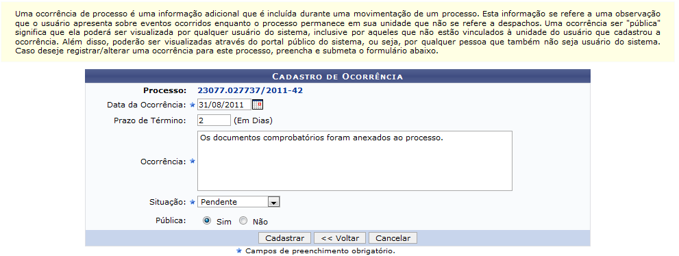 Figura 2: Cadastro da Ocorrência