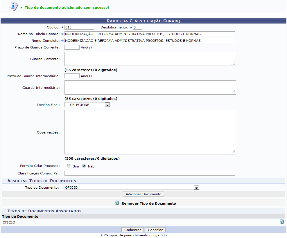 Figura 2: Mensagem de Sucesso da Inserção do Tipo de Documento; Dados da Classificação Conarq