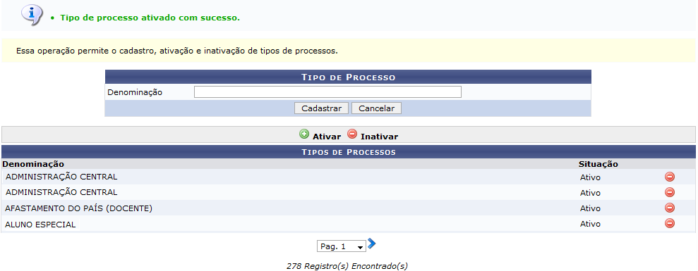 Figura 3: Mensagem de Sucesso; Tipos de Processos