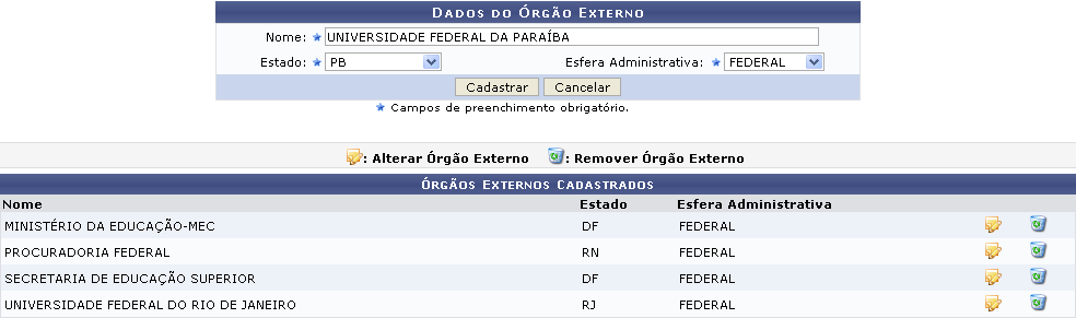 Figura 1: Dados do Órgão Externo; Órgãos Externos Cadastrados