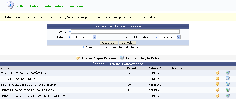 Figura 2: Mensagem de Sucesso; Dados do Órgão Externo; Órgãos Externos Cadastrados