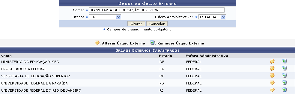 Figura 3: Dados do Órgão Externo; Órgãos Externos Cadastrados