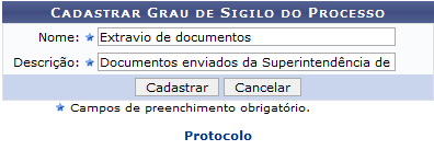 Figura 1: Cadastrar Grau de Sigilo do Processo