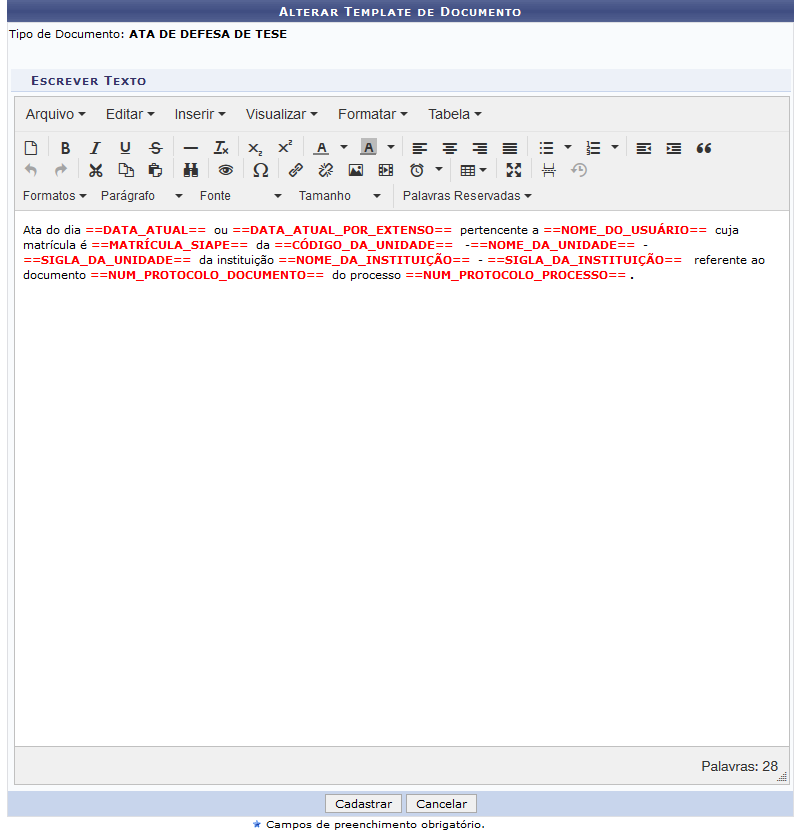 Figura 2: Cadastro de Template de Documento