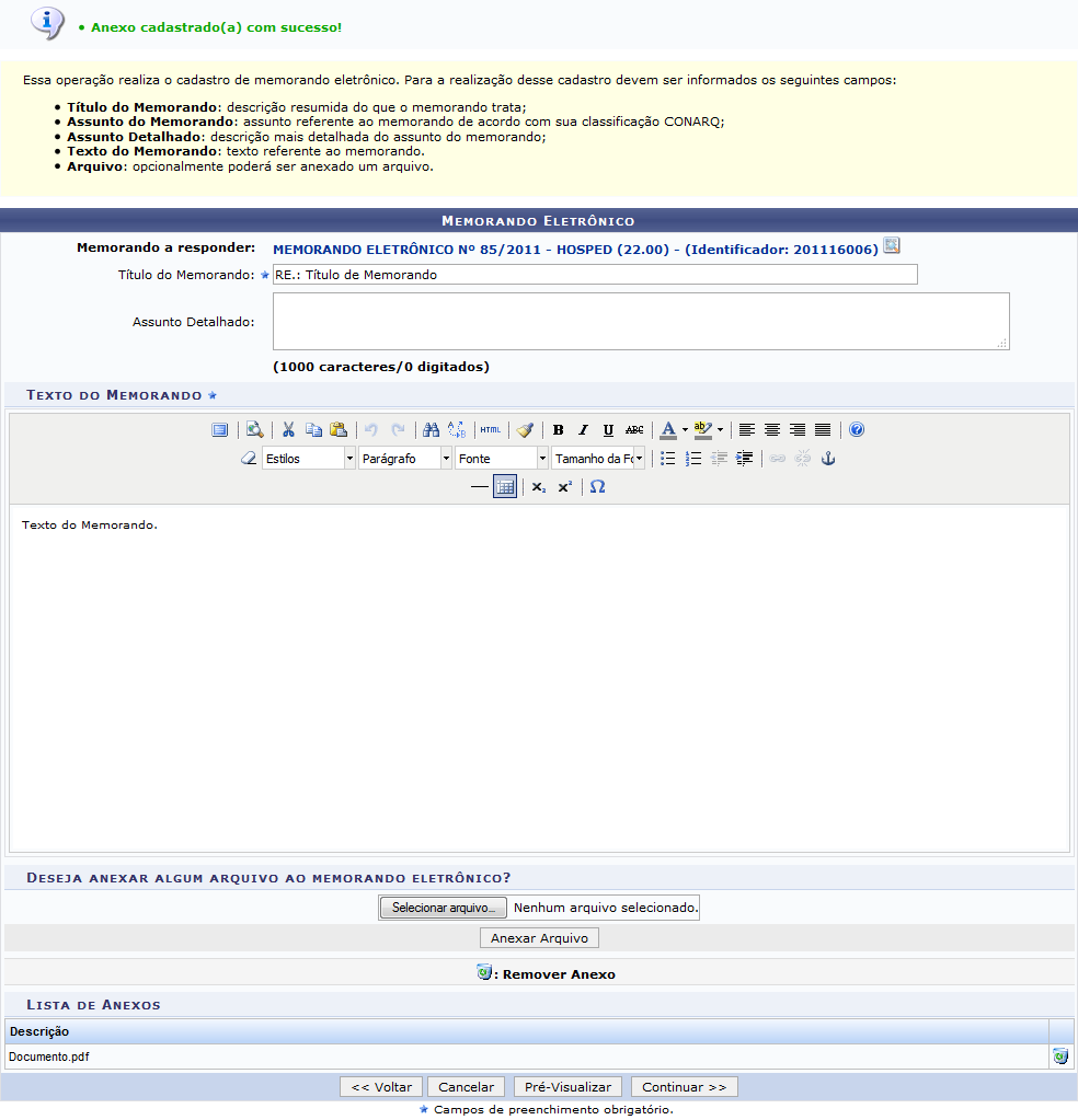 Figura 14: Mensagem de Sucesso da Inserção do Anexo; Memorando Eletrônico