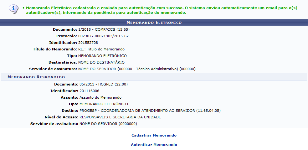 Figura 20: Mensagem de Sucesso; Memorando Eletrônico