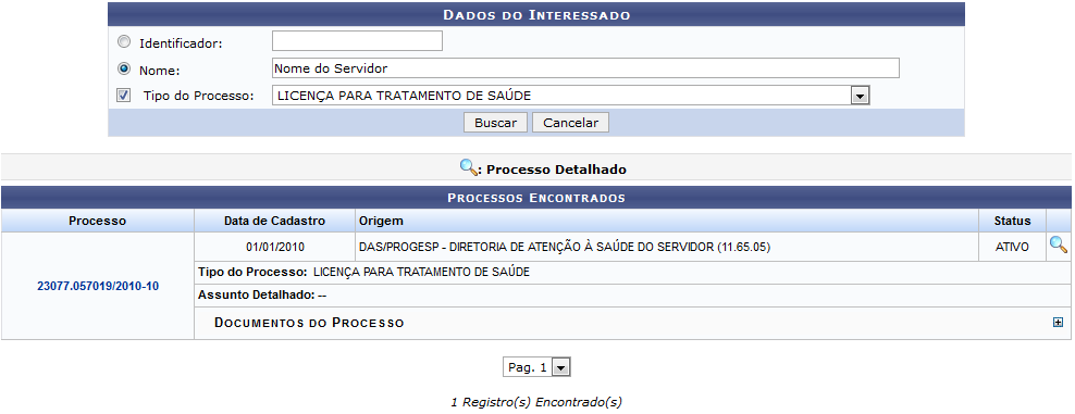 Figura 2: Dados do Interessado; Processos Encontrados