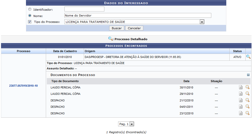 Figura 3: Dados do Interessado; Processos Encontrados