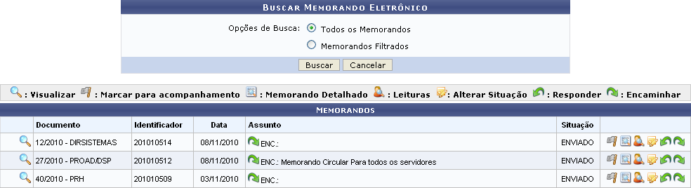Figura 1: Buscar Memorando Eletrônico; Memorandos