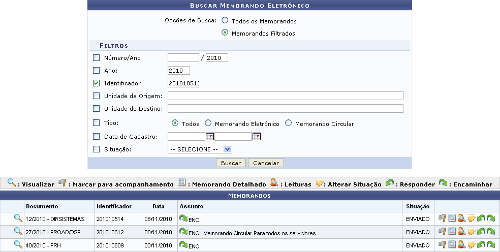 Figura 2: Buscar Memorando Eletrônico; Filtros; Memorandos