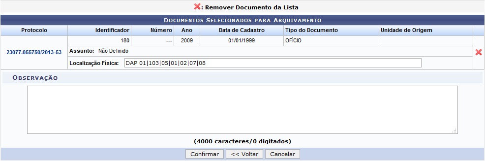 Figura 4: Documentos Selecionados para Arquivamento