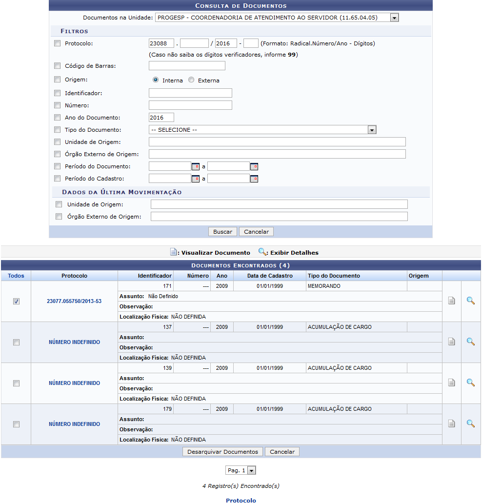 Figura 1: Consulta de Documentos; Documentos Encontrados