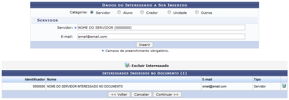 Figura 11: Dados do Interessado a Ser Inserido; Interessados Inseridos no Documento