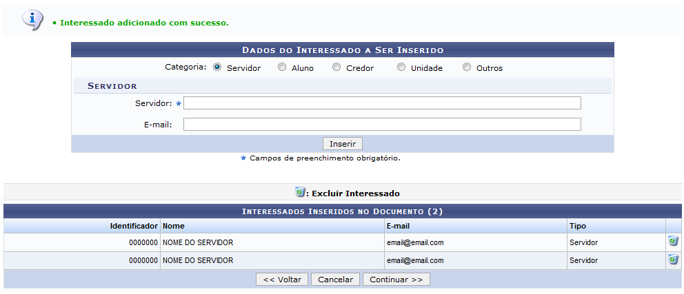 Figura 12: Mensagem de Sucesso do Interessado Adicionado no Documento; Dados do Interessado a Ser Inserido; Interessados Inseridos no Documento