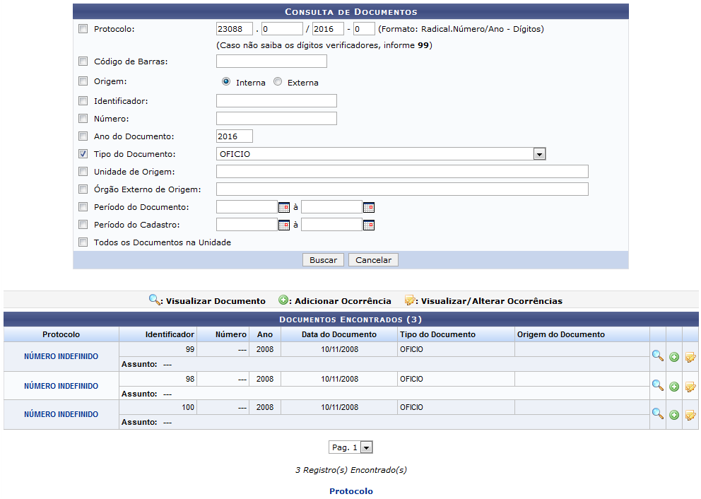 Figura 1: Consulta de Documentos; Documentos Encontrados