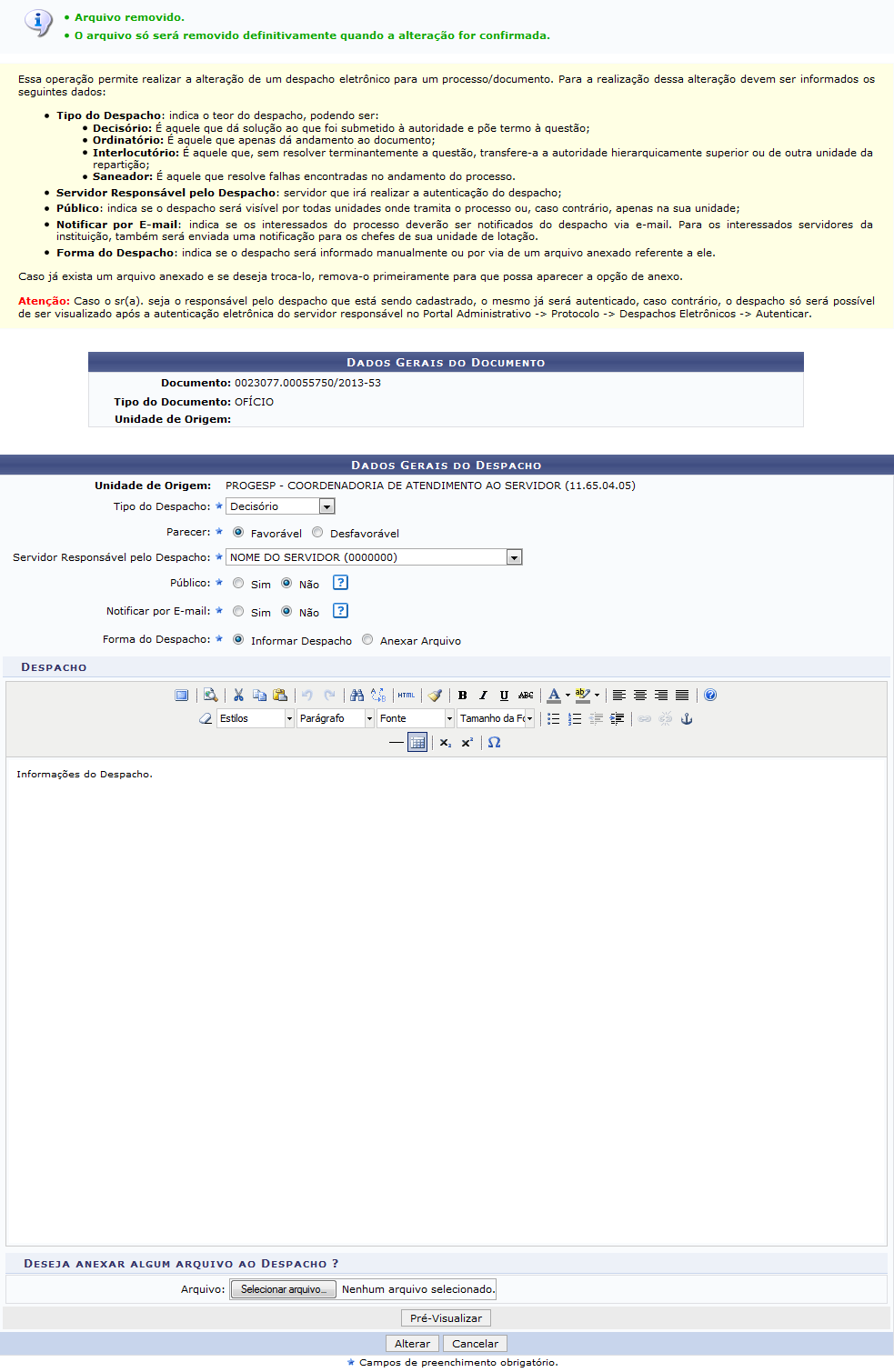 Figura 7: Mensagem de Sucesso da Remoção do Arquivo; Dados Gerais do Documento