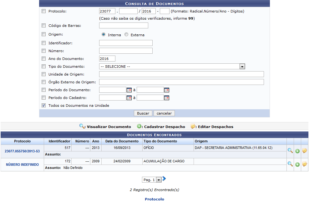 Figura 1: Consulta de Documentos; Documentos Encontrados